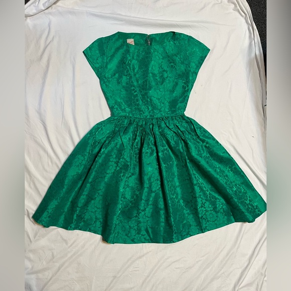 Vintage 60s Brocade Emerald Green Monterey Modes Dress Full Skirt Rockabilly 50s - Picture 1 of 13